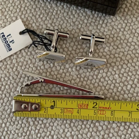 U.P. RENOMA Silvertone Cufflinks and Tie Clip Set